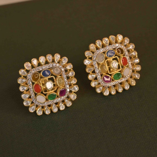  Silver kundan style stud  Earrings 