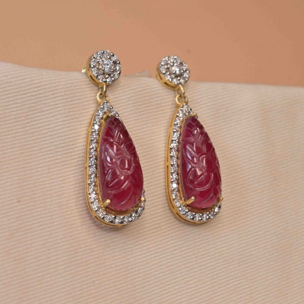 Ruby Red Carved Stone Crystal Drop Earrings  