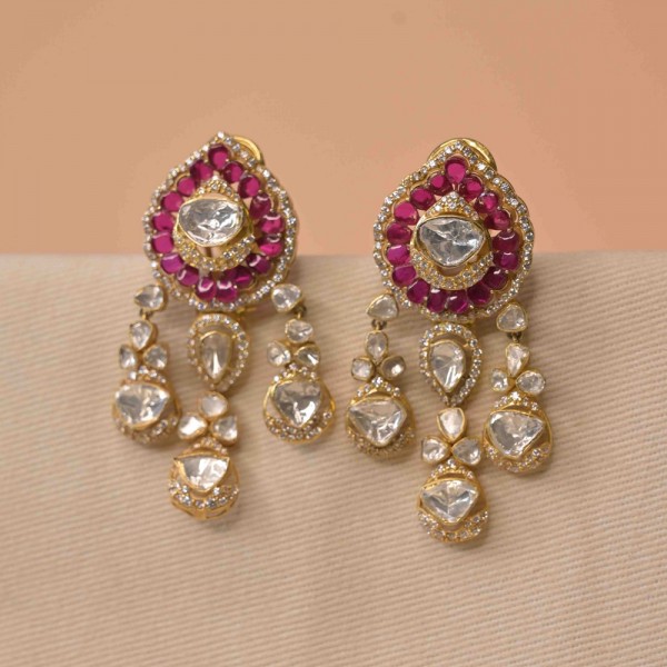 Gold-Tone Polki & Pink Stone Drop Earrings