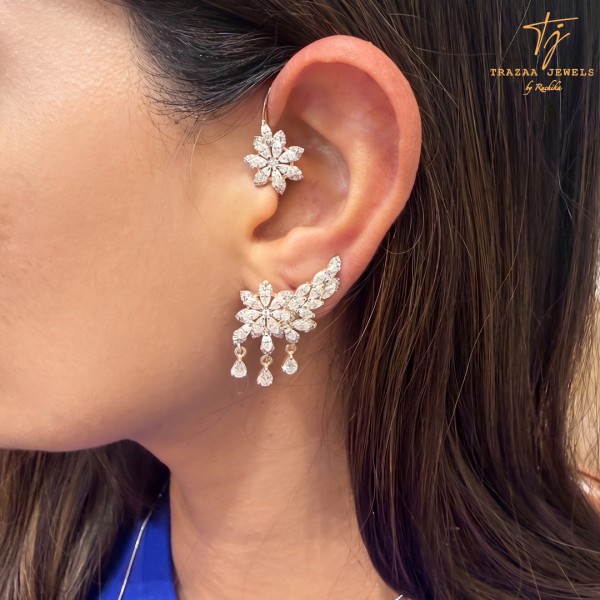 92.5 Silver  curved floral cluster earcuff 
