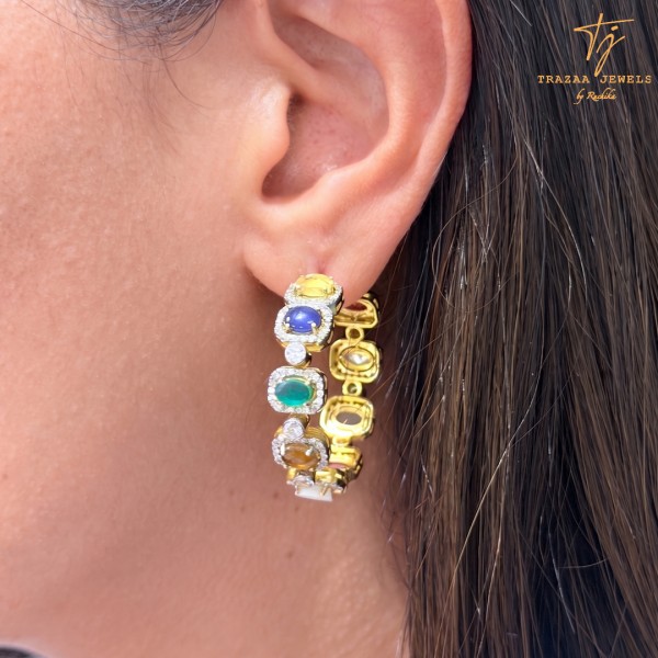 Multi-gemstone hoop earrings are handcrafted in 925 Sterling Silver