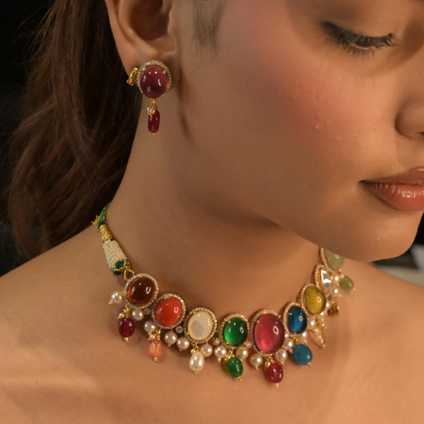 92.5 silver Navratan necklace set 
