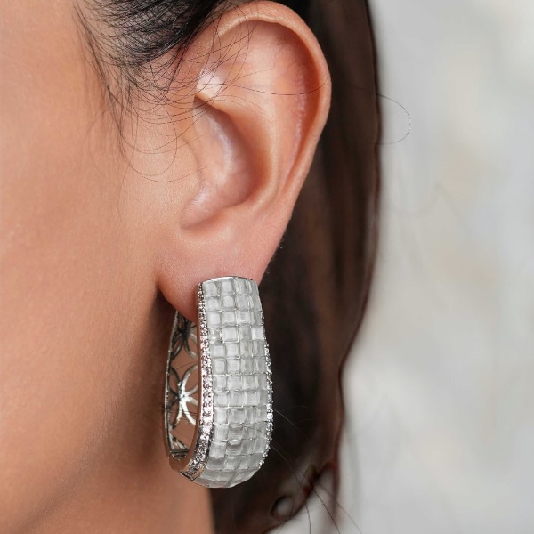 Skin Friendly Hoop  Earrings In Silver stone Embedded 