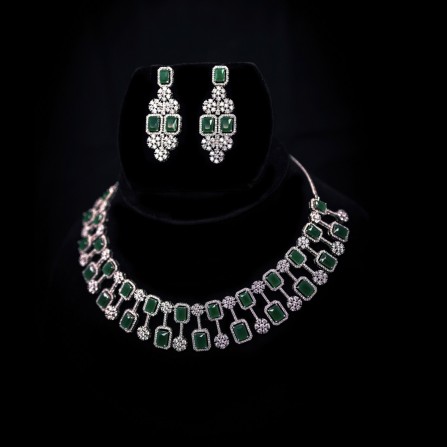 Emerald Elegance: The AD Necklace Set with Green Crystal Stone
