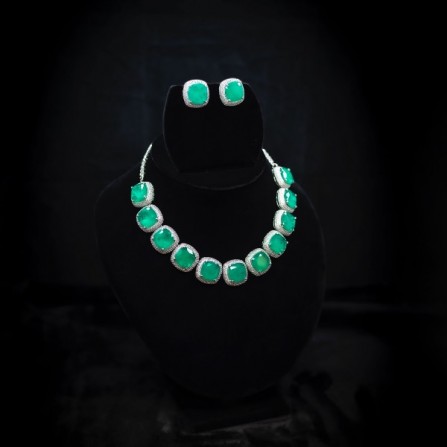 A Spectacular Modern  Lime-green Colour Stone Studded Necklace With Zircon