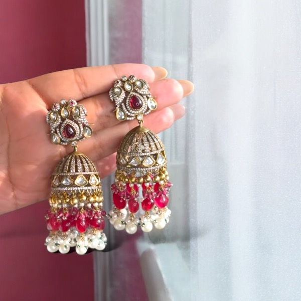 Anti-tarnish Maroon  Mehendi Polish Kundan  Jhumkis 
