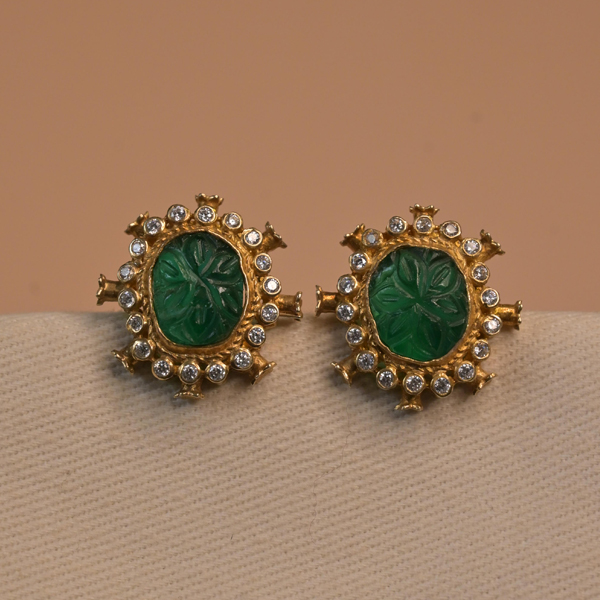 Carved Emerald & Diamond Cluster Earrings