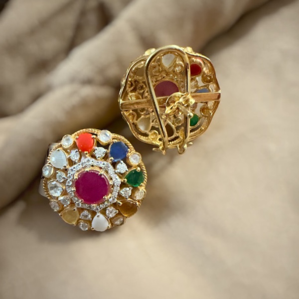92.5 Silver Navratna Gold Platted Stud Earrings