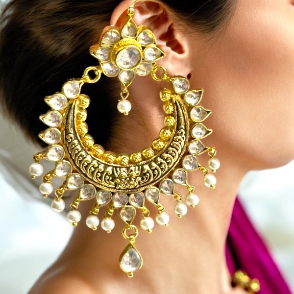 Fascinating Antique Gold Oxidised Kundan  Chandbalis Earrings