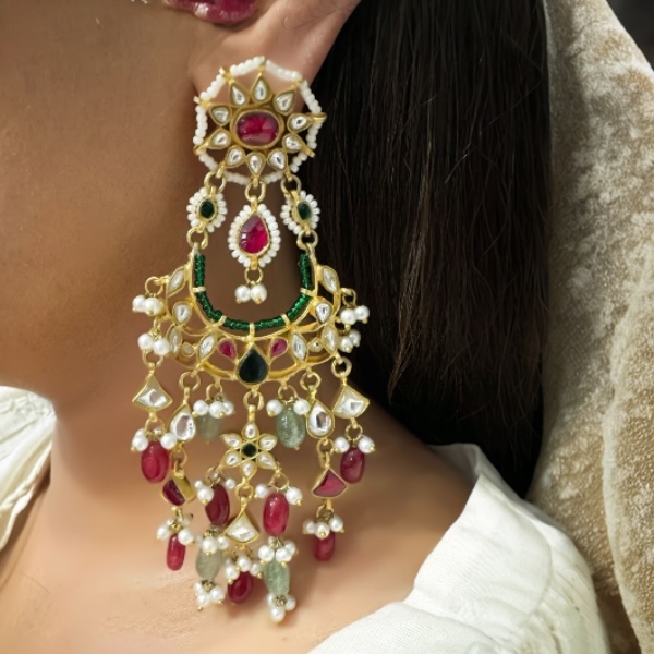 Festive Kundan Earrings with Red and  Pista Pearl