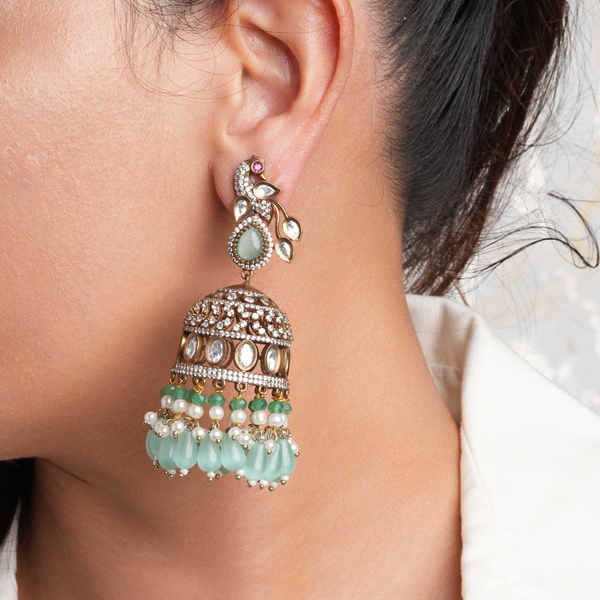 Graceful Pista Green Mehendi Polish Kundan Anti-tarnish Jhumkis Graceful Pista Green Mehendi Polish Kundan Anti-tarnish Jhumkis