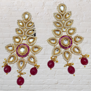 Regal Charm: The Enchanting Kundan Earrings with Maroon Drops