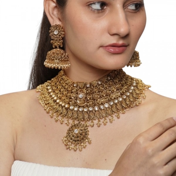 Maharani Antique Gold Temple Choker with Jhumkas