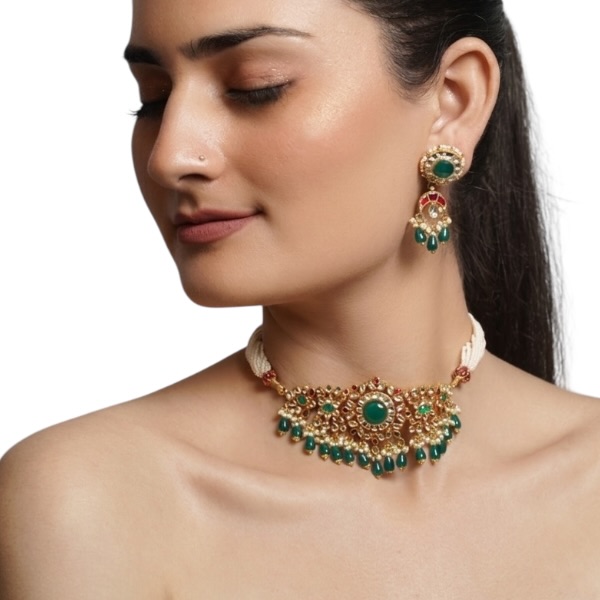 Emerald Green Kundan Choker Set with Matching Earrings