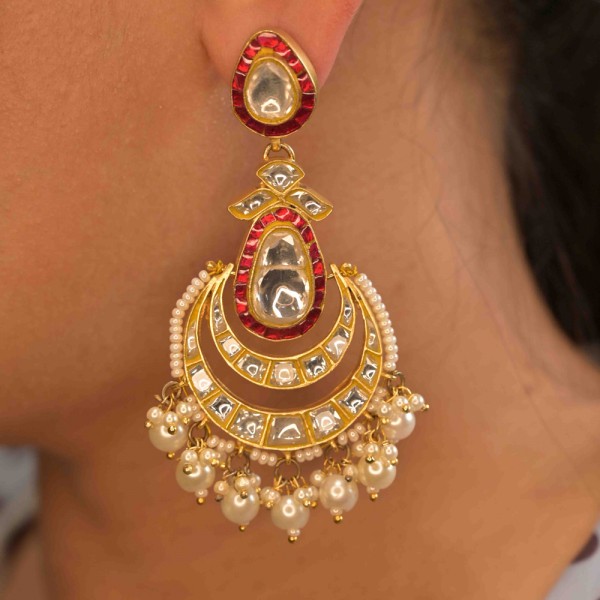 Traditional Kundan & Pearl Chandbali Earrings with Red Enamel 