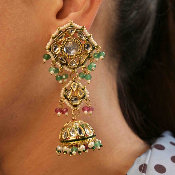 Traditional Kundan & Pearl Jhumka Earrings with Emerald and Ruby Accents