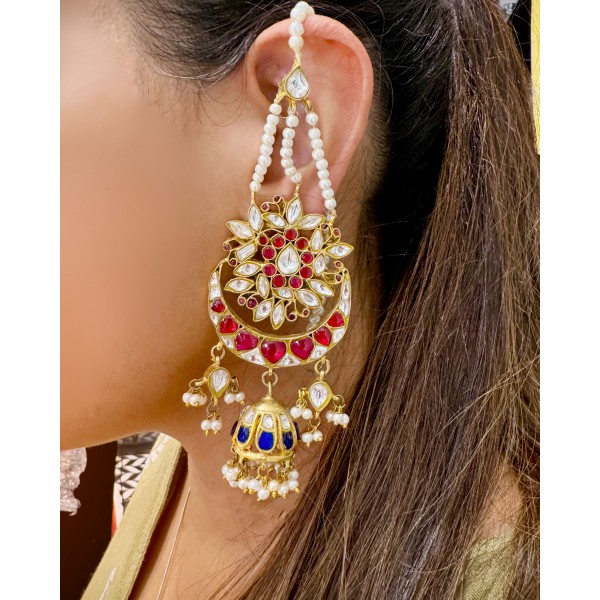 Royal Kundan Jhumkas in Red and Blue colour 
