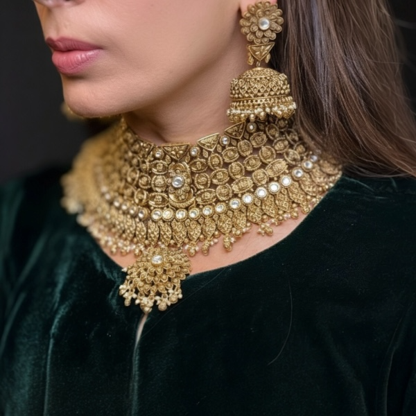 Maharani Antique Gold Temple Choker with Jhumkas