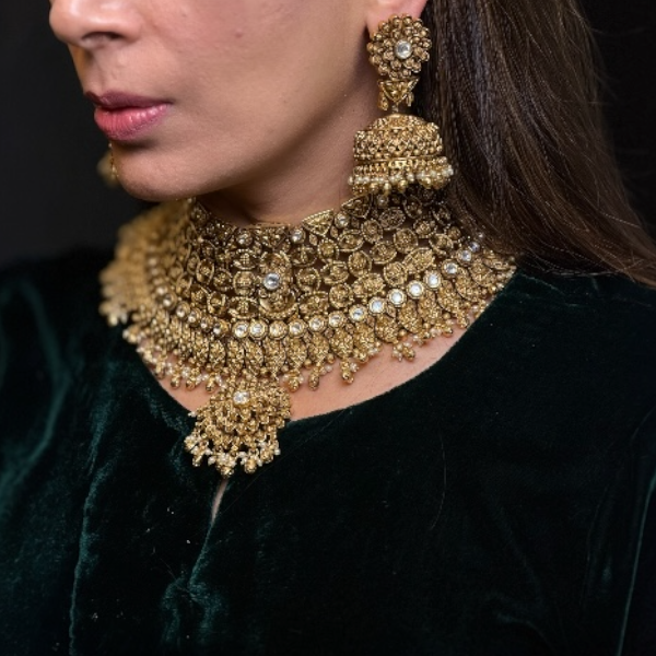 Maharani Antique Gold Temple Choker with Jhumkas