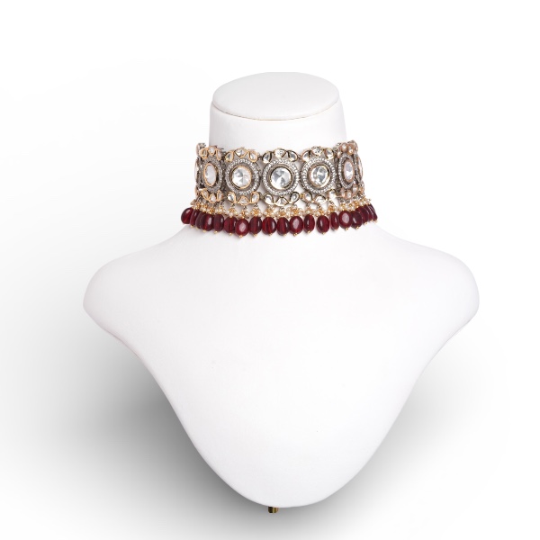 Regal Maroon Choker Necklace Set With Drop 