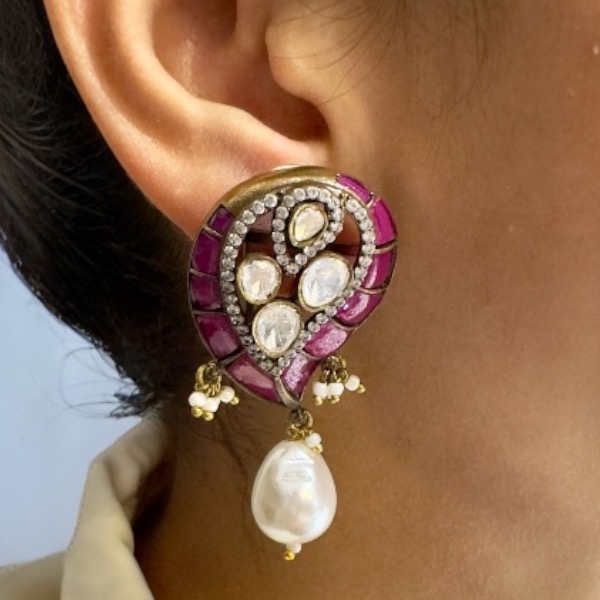 Leaf Shape Kundan Earring in Ruby Colour