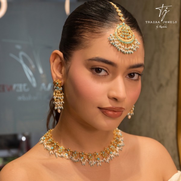  92.5 Silver Turquoise Choker and Maang Tikka Set