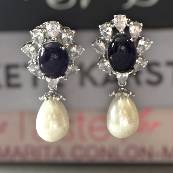 Sapphire & CZ Pearl Drop Statement Earrings