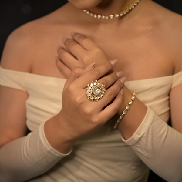  Royal Gold-Tone Halo Statement Ring