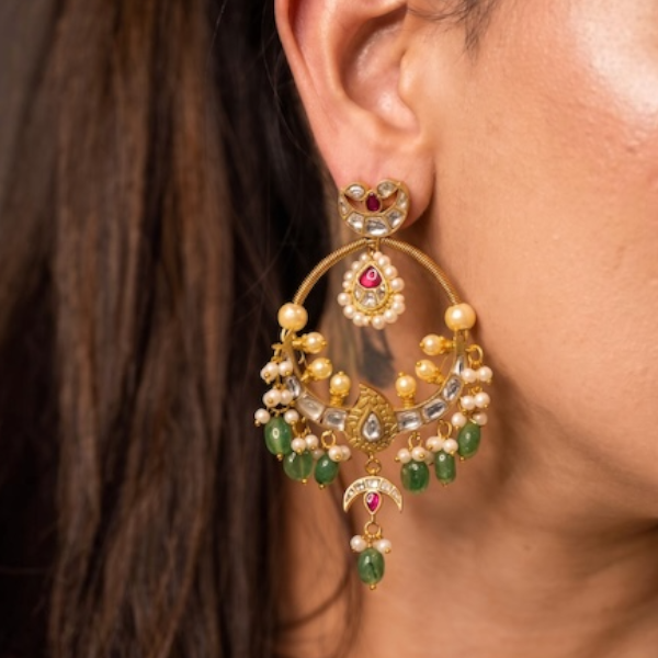 Traditional Brass Chandbali Earrings in pestal green color 