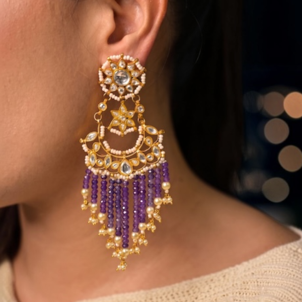 Stunning Purple Kundan Drop Earrings 