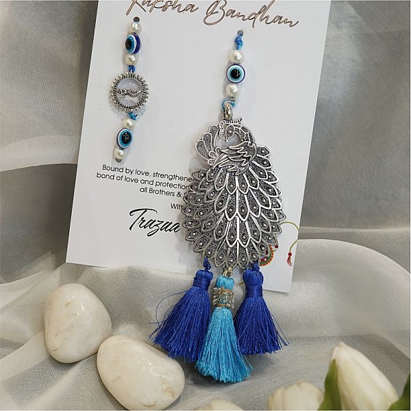 Thakurji 92.5 silver Splendor: Brass in Peocock with Blue and Silver Tassels Lumba