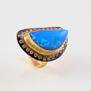 Dreamy, Delicate Blue Mowlight Crystal Brass Ring that You Don't Wanna Miss a Moment Flaunting it